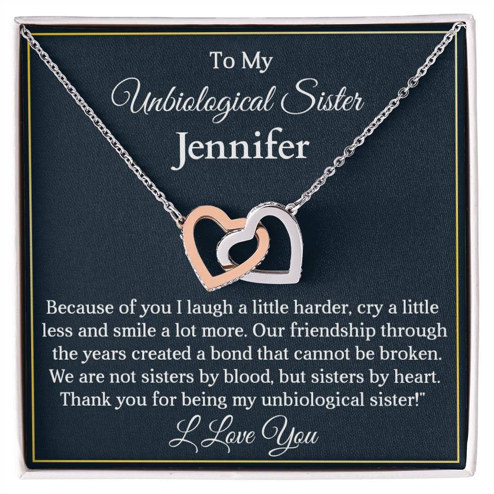 To My My Unbiological Sister | Because of You |  Personalized Interlocking Hearts Necklace Gift