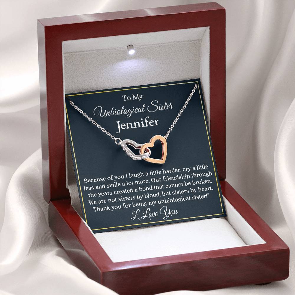 To My My Unbiological Sister | Because of You |  Personalized Interlocking Hearts Necklace Gift