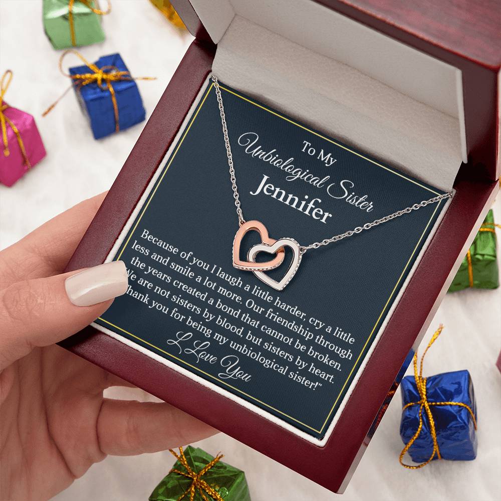 To My My Unbiological Sister | Because of You |  Personalized Interlocking Hearts Necklace Gift