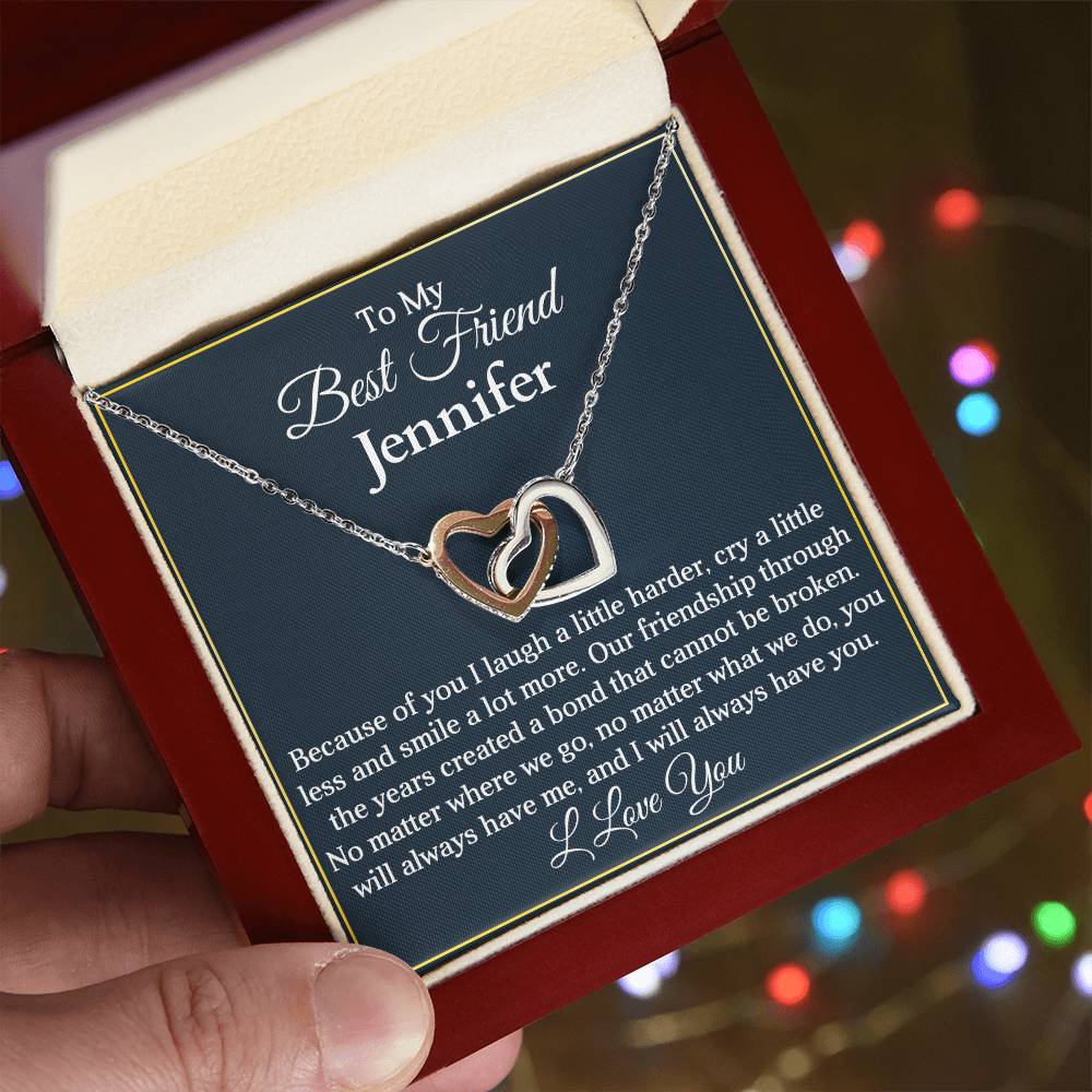 To My Best Friend | Because of You |  Personalized Interlocking Hearts Necklace Gift