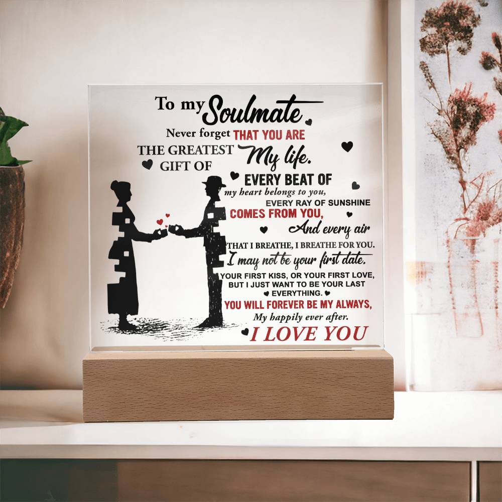 To My Soulmate - Breathe For You - Night Light  Acrylic Square Plaque Gift