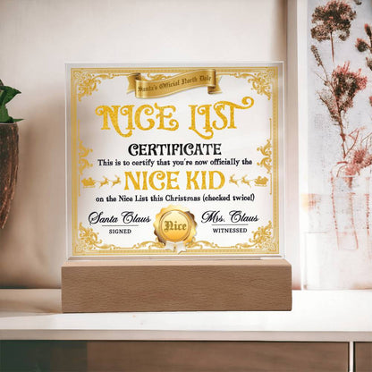 Christmas - Nice List Certificate - Night Light Square Acrylic Plaque