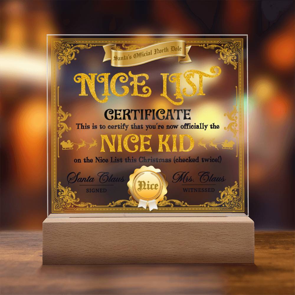 Christmas - Nice List Certificate - Night Light Square Acrylic Plaque