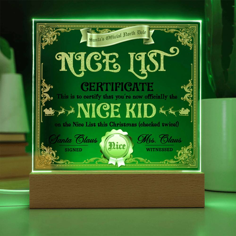 Christmas - Nice List Certificate - Night Light Square Acrylic Plaque