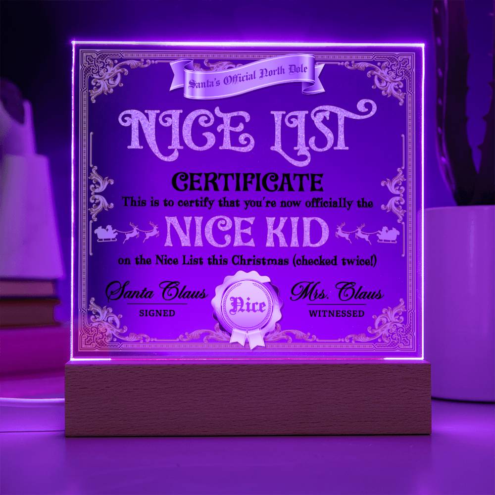 Christmas - Nice List Certificate - Night Light Square Acrylic Plaque