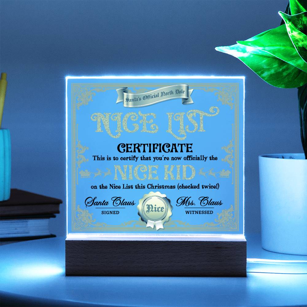 Christmas - Nice List Certificate - Night Light Square Acrylic Plaque