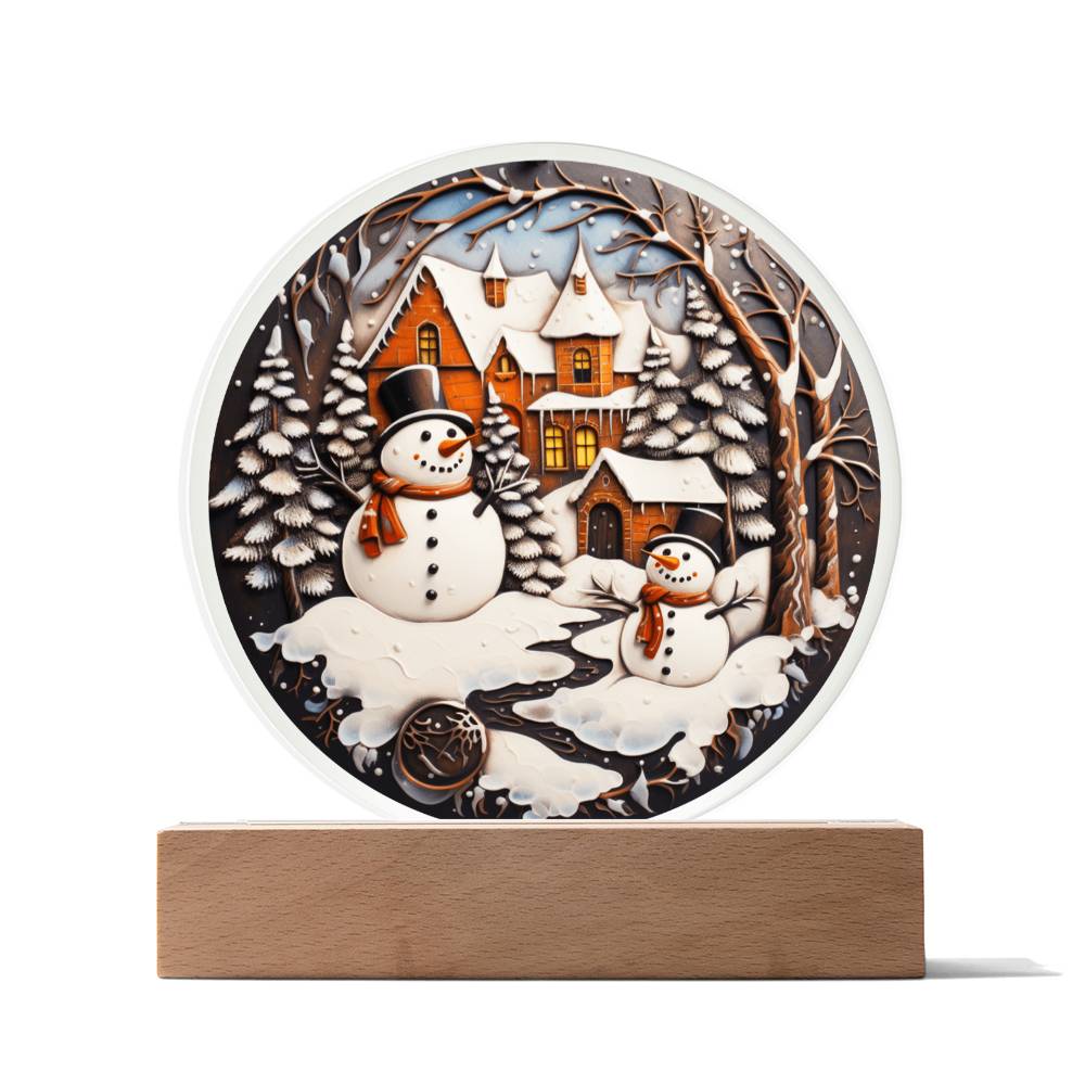 Twin Snowman | Night Light Circle Acrylic Plaque