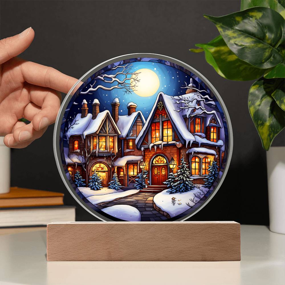 Snow Covered House - Night Light Circle Acrylic Plaque - Gift