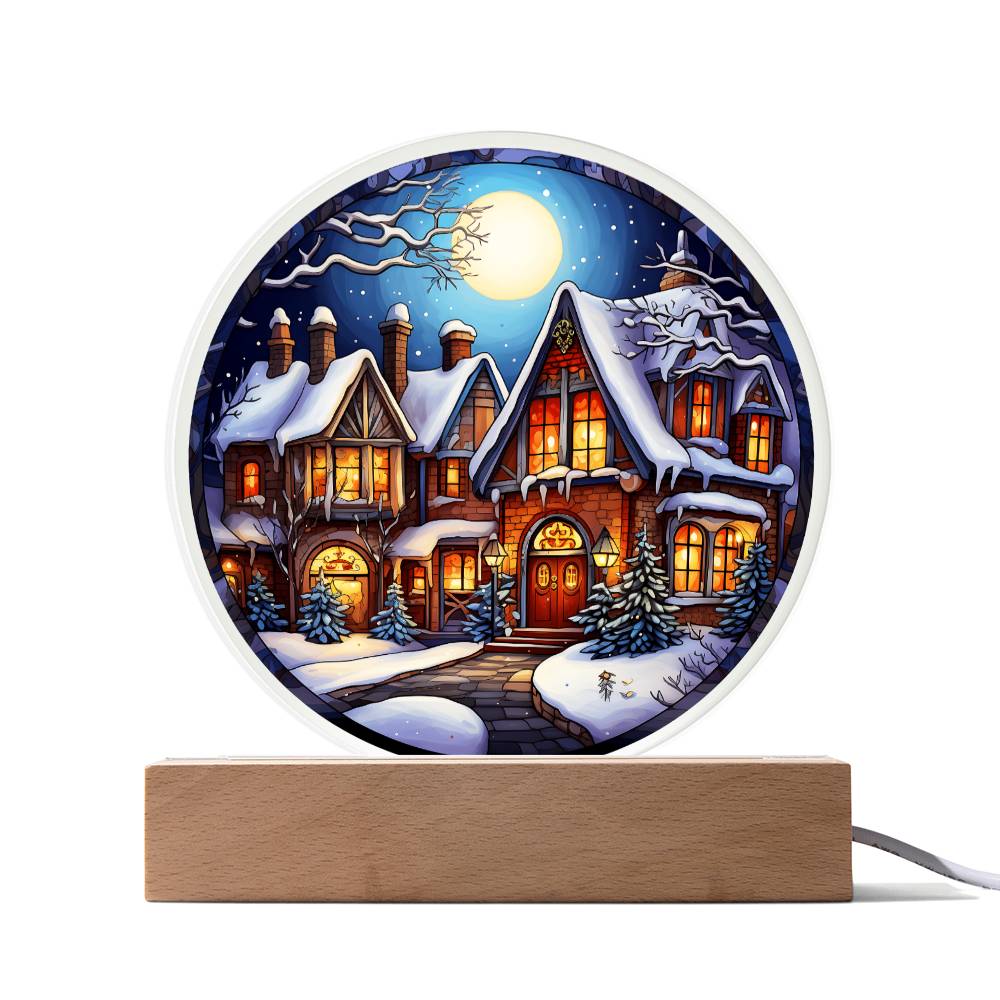 Snow Covered House - Night Light Circle Acrylic Plaque - Gift