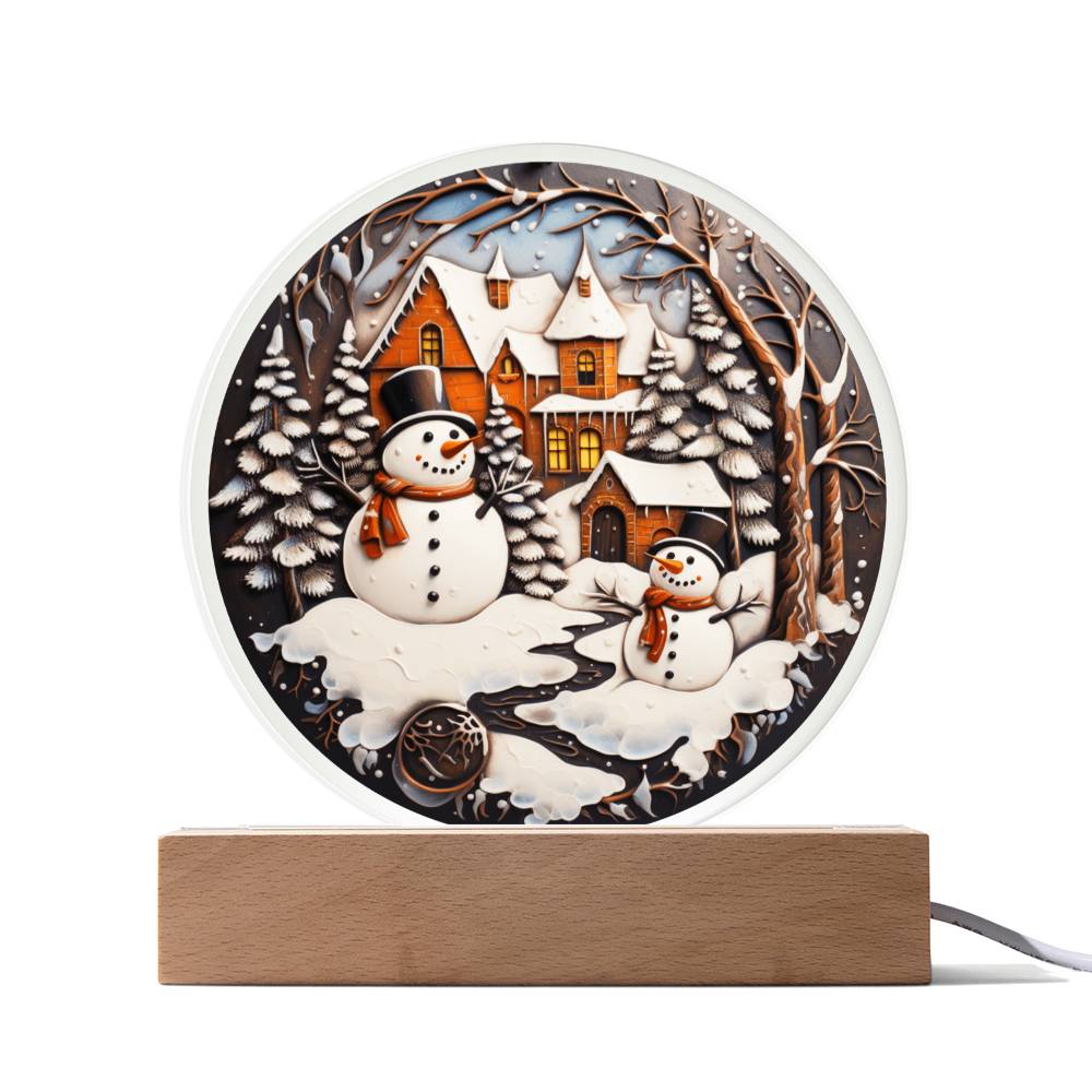 Twin Snowman | Night Light Circle Acrylic Plaque