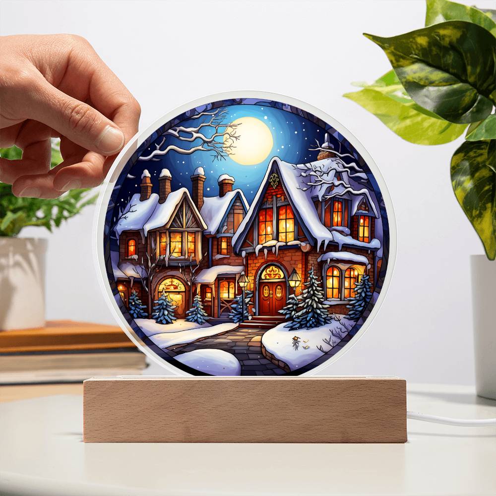 Snow Covered House - Night Light Circle Acrylic Plaque - Gift