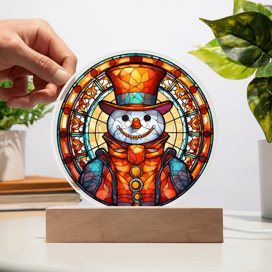 Snowman - Night Light Circle Acrylic Plaque - Gift