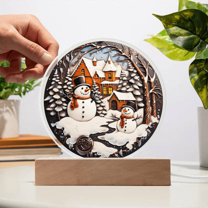 Twin Snowman | Night Light Circle Acrylic Plaque