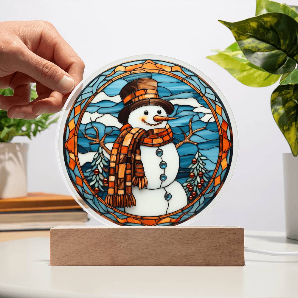 Stained Glass Snowman | Night Light Circle Acrylic Plaque