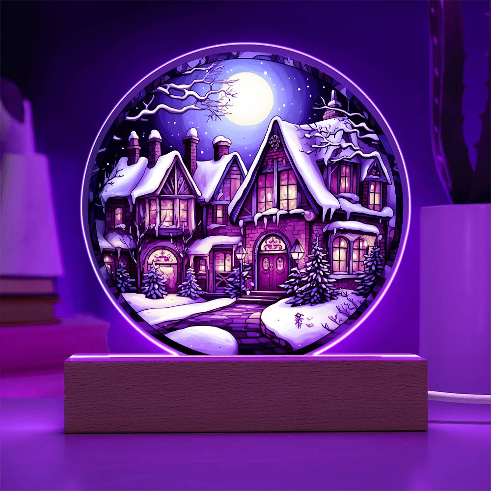 Snow Covered House - Night Light Circle Acrylic Plaque - Gift