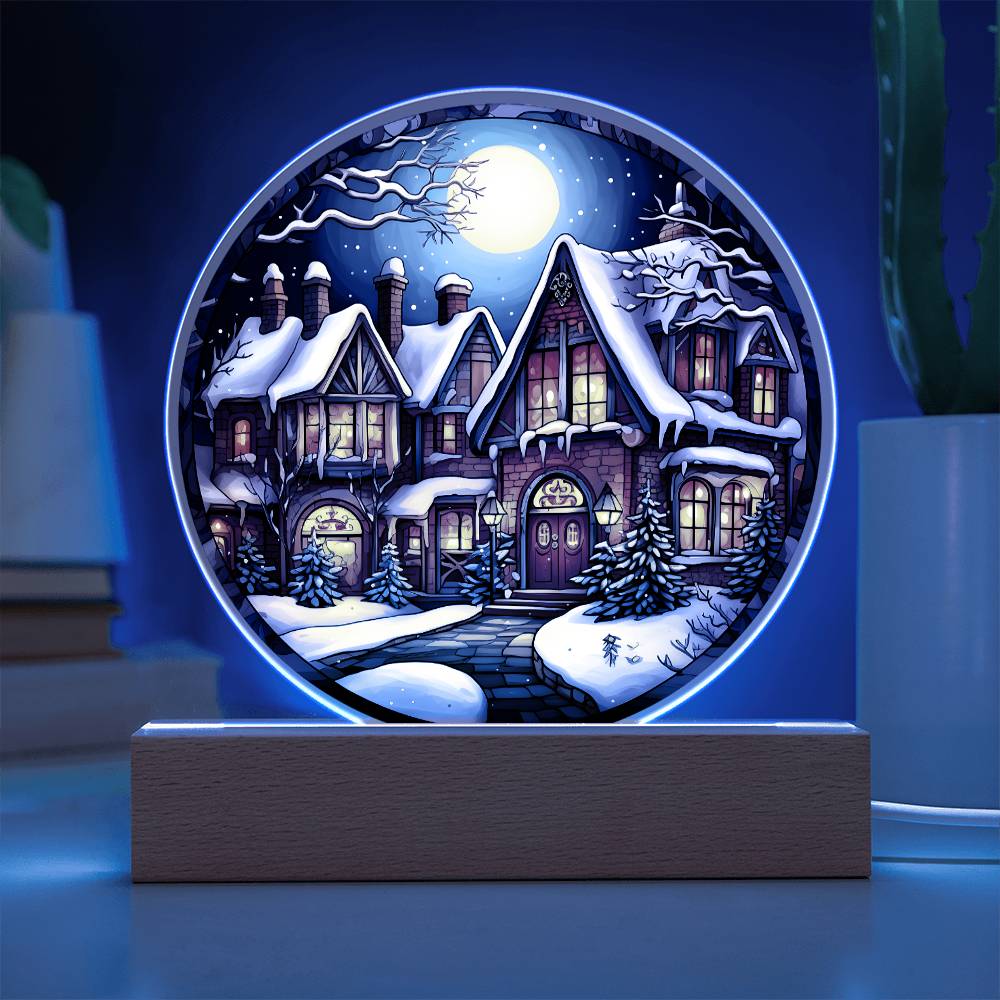 Snow Covered House - Night Light Circle Acrylic Plaque - Gift